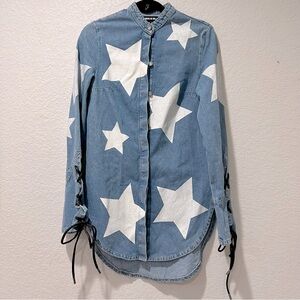 House of Holland Denim Jean Star Tunic Dress Button Up Long Sleeve Size 4